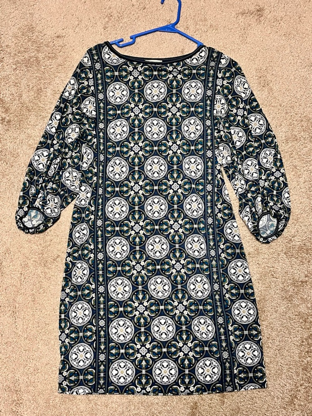 Max Studio Navy, Black, Green & White Geometric Long Sleeve Shift Dress